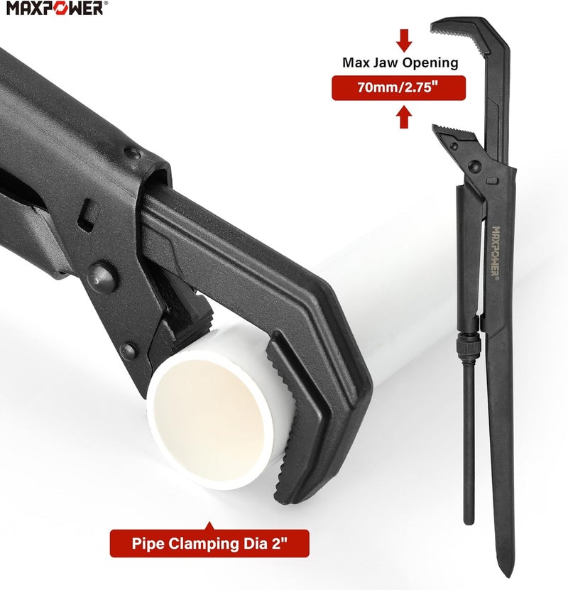 Max Power Swedish Pipe Wrench, 16 1/2-Inch Adjustable Swedish Pipe Spanner Plumbers Wrench with 90°Angled Jaw, Jaw MAX Opening Capacity 2.75" - Image 3